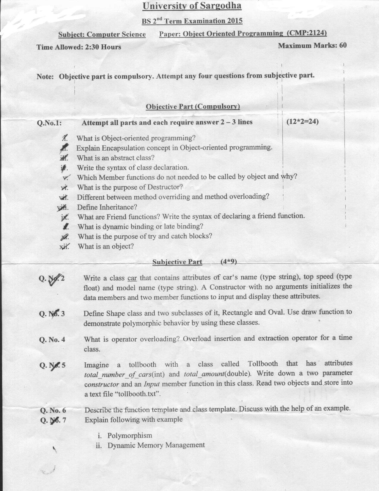 OOP Past Paper 2015 BSCS UOS