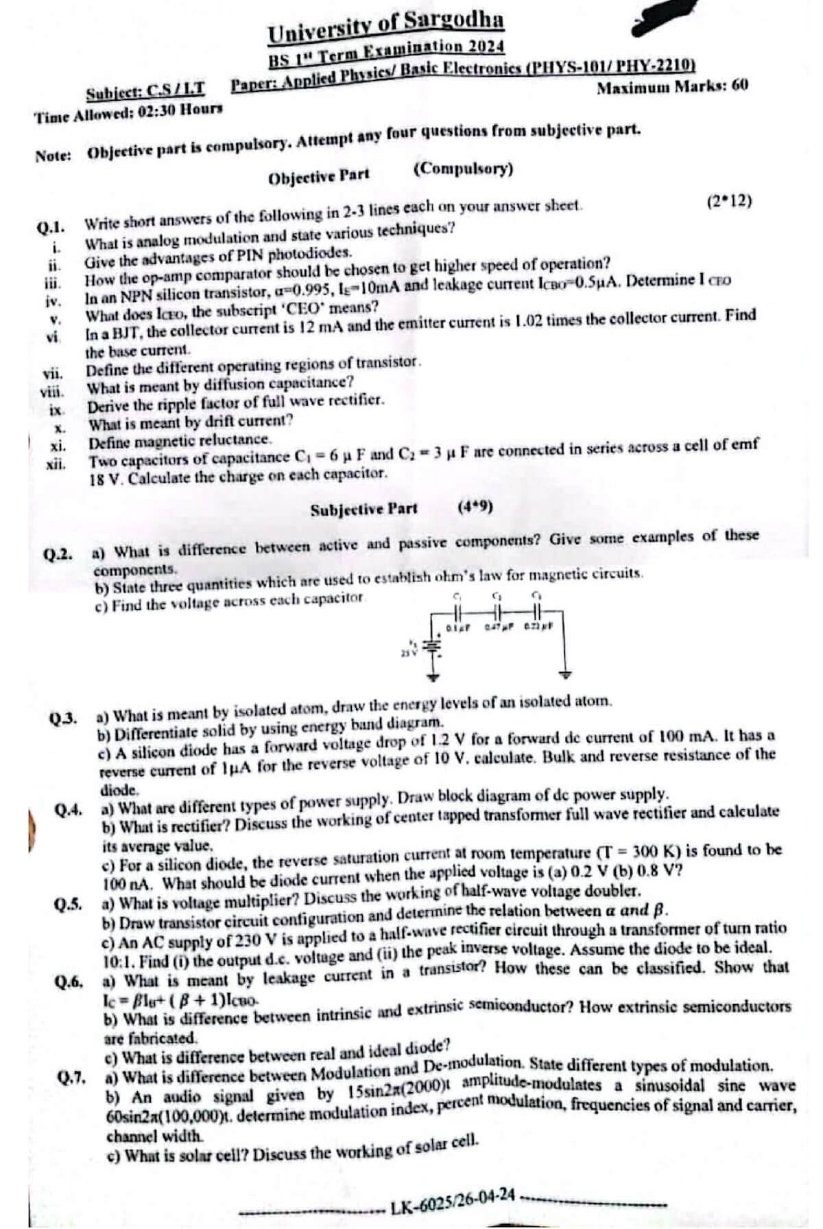 Applied Physics - Basic Electronics Past Paper 2024 CS/IT UOS 1 Applied Physics Basic Electronics Past Paper 2024 BS/IT UOS