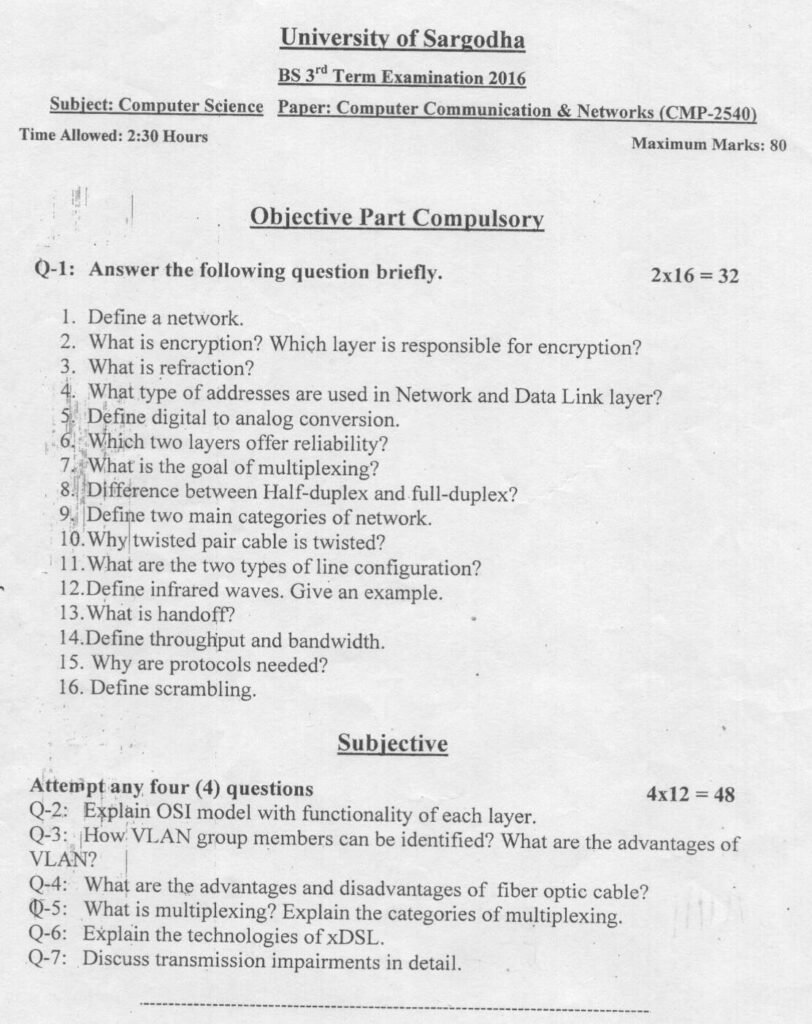 CCN Past Paper BSCS 3rd 2016 UOS