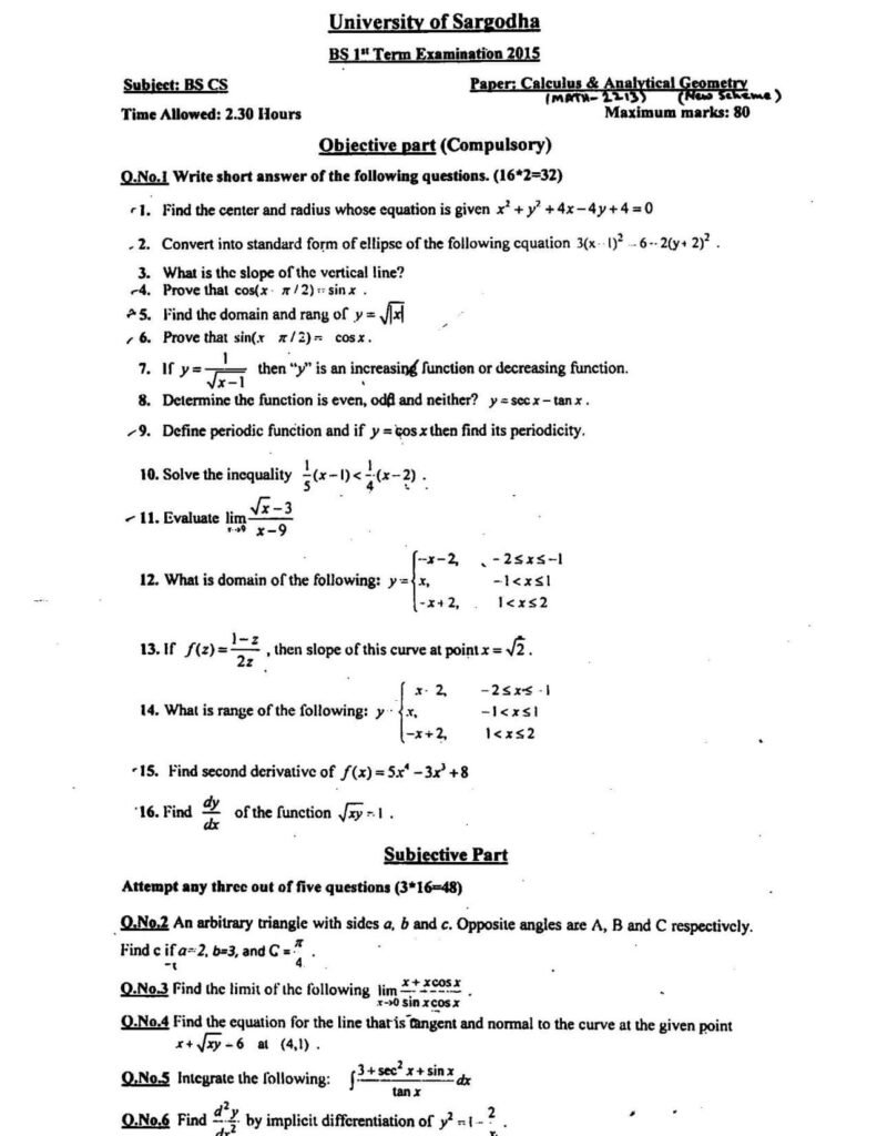 Calculas Past Paper BSCS 1st 2015 UOS