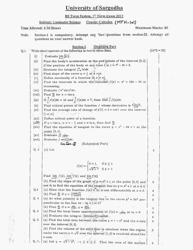 Calculus Past Paper BSCS 1st 2013 UOS
