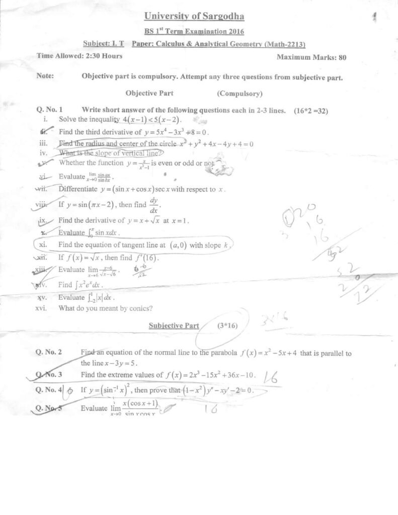 Calculus Past Paper BSIT 1st 2016 UOS