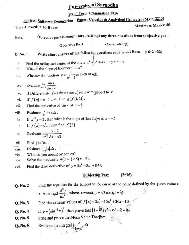 Calculus Past Paper BSSE 1st 2016 UOS