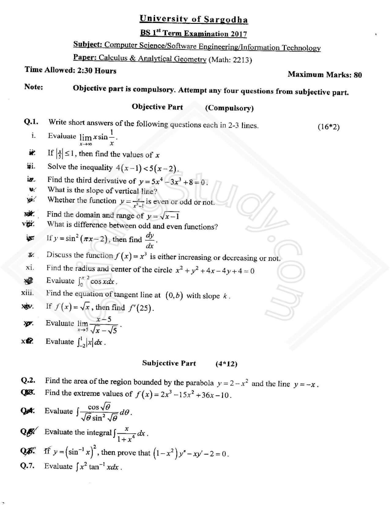 Calculus Past Paper BS 1st all terms 2017 UOS