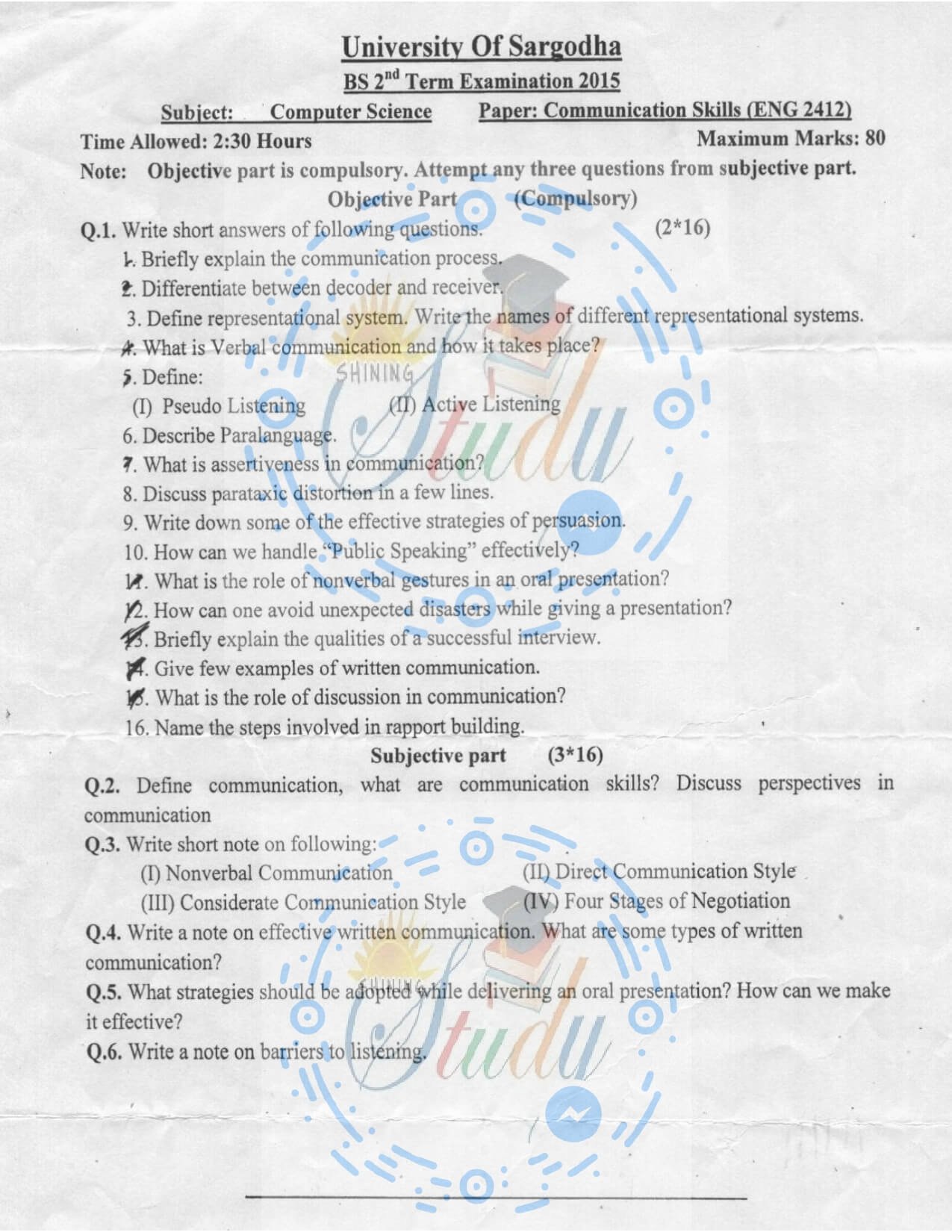 Communication Skills Past Paper BSCS 2nd 2015 UOS