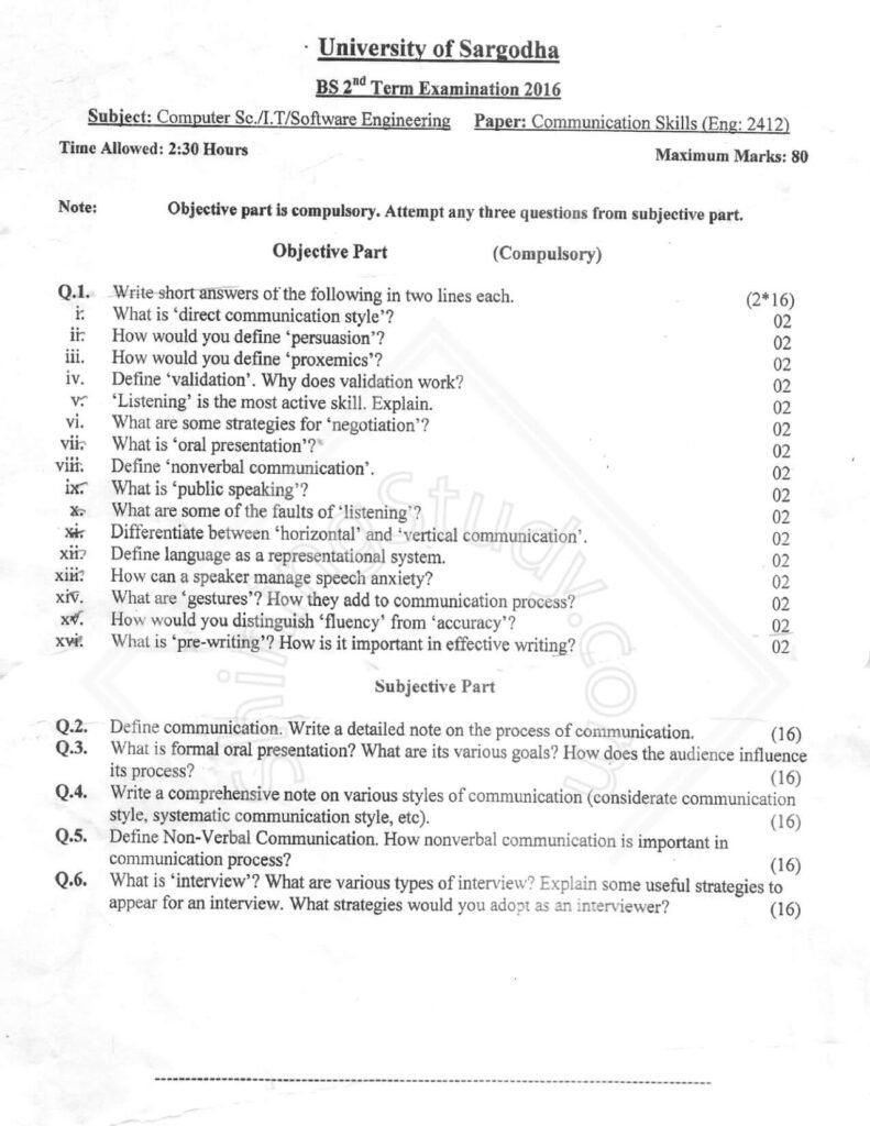 Communication Skills Past Paper BSIT CS SE 2nd 2016 UOS
