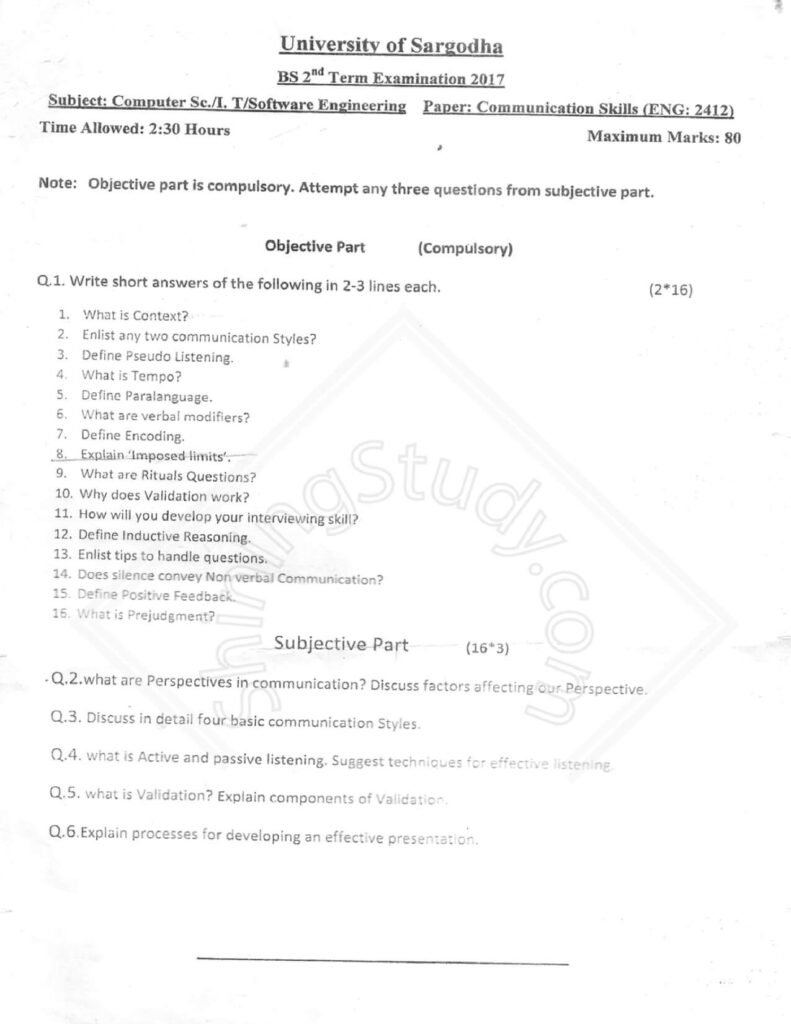 Communication Skills Past Paper BSIT CS SE 2nd 2017 UOS