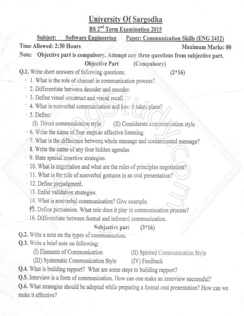 Communication Skills Past Paper BSSE 2nd 2015 UOS
