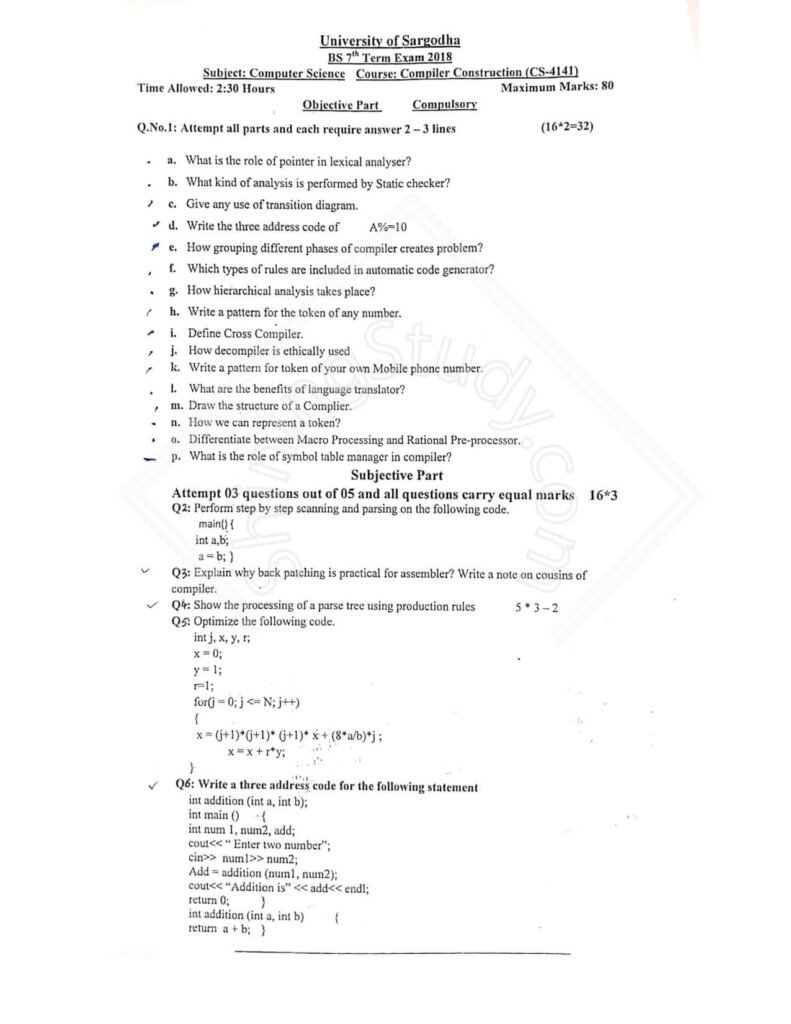 Compiler Construction Past Paper BSCS 7th 2018 UOS