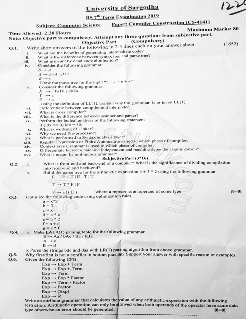 Compiler Construction Past Paper BSCS 7th 2019 UOS