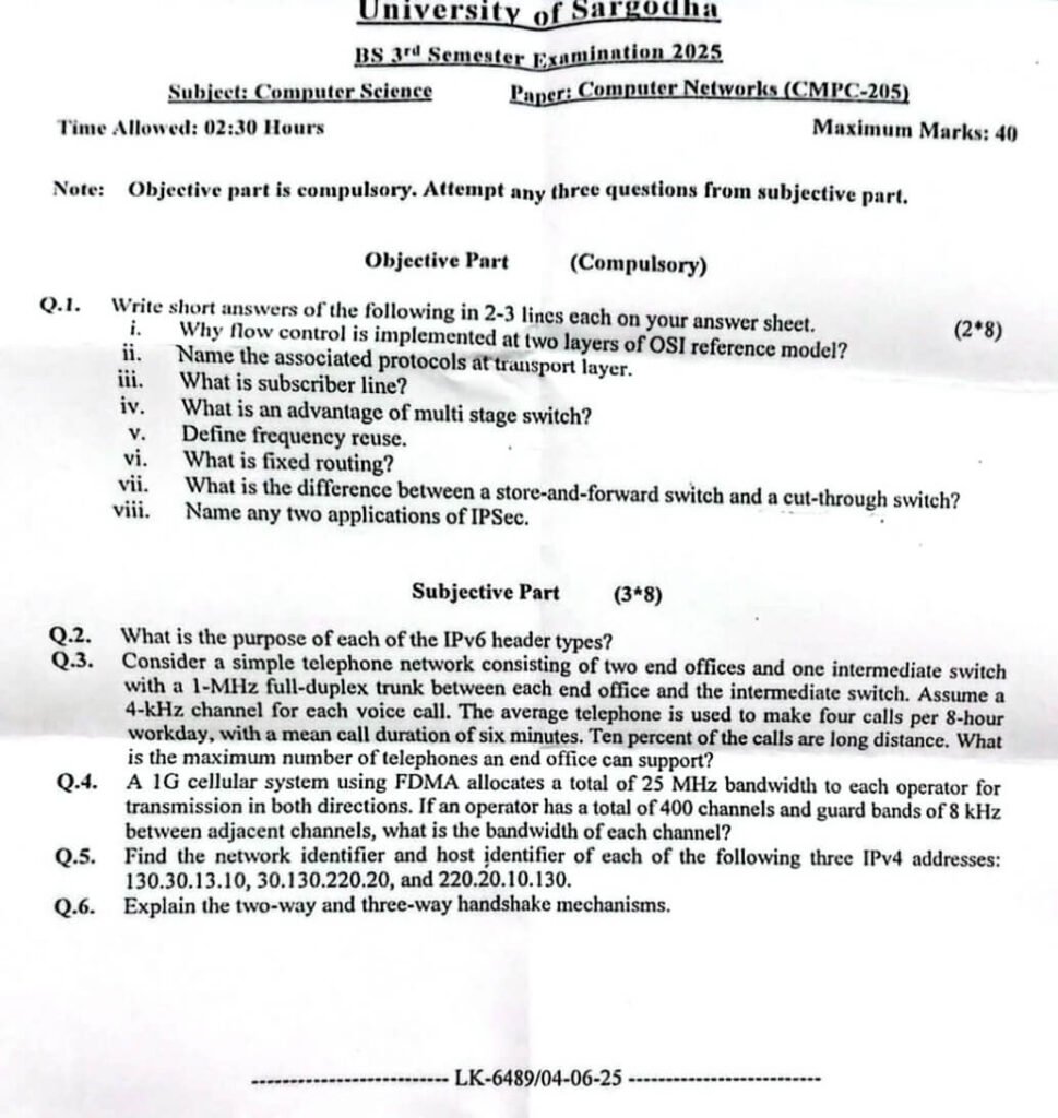 Computer Networks Past Paper 2025 BS 3rd Semester UOS
