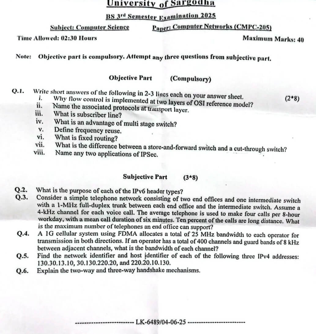 Computer Networks Past Paper 2025 BS 3rd Semester UOS