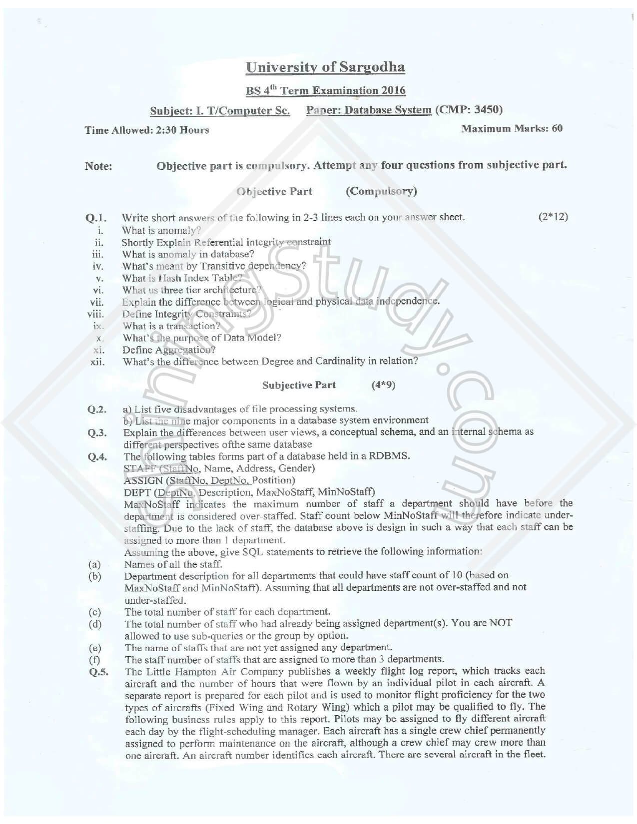 Database Systems BSCS & IT 4th 2016 UOS Page1