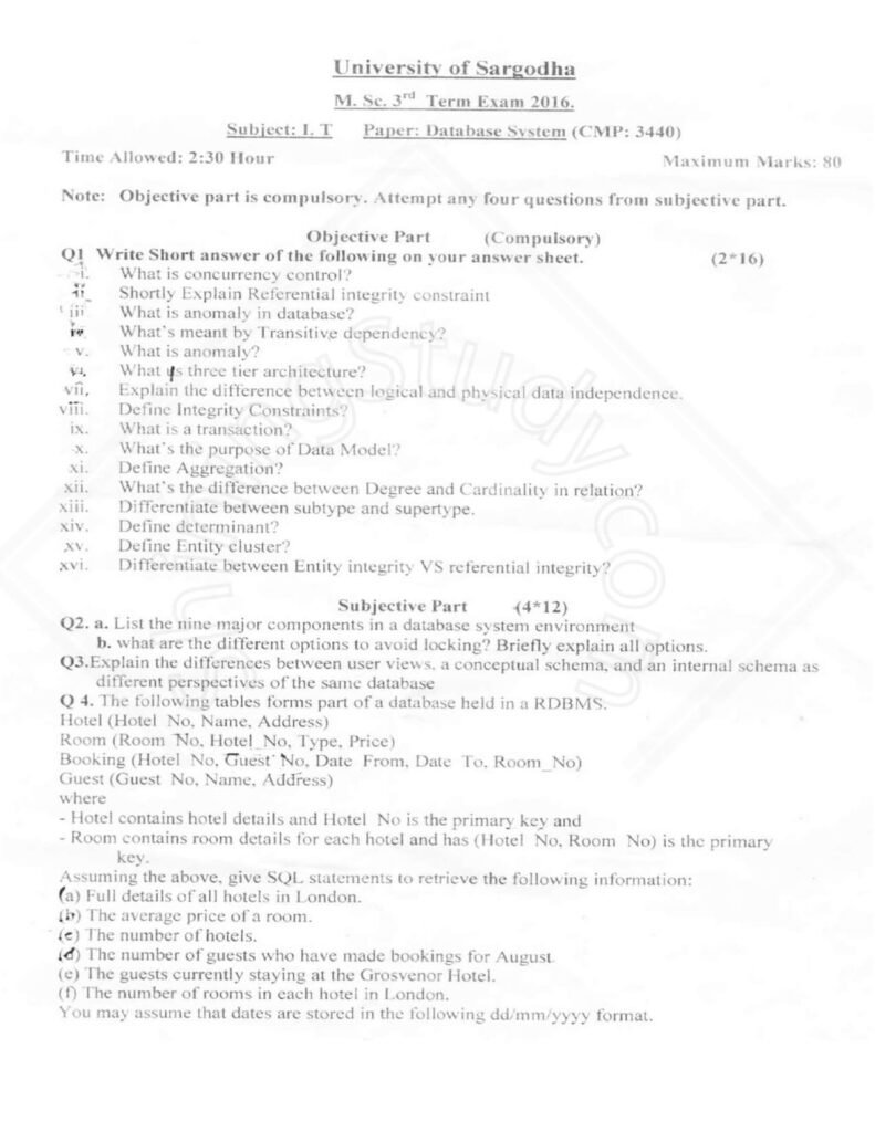 Database Systems MSc IT 3rd 2016 UOS Page1