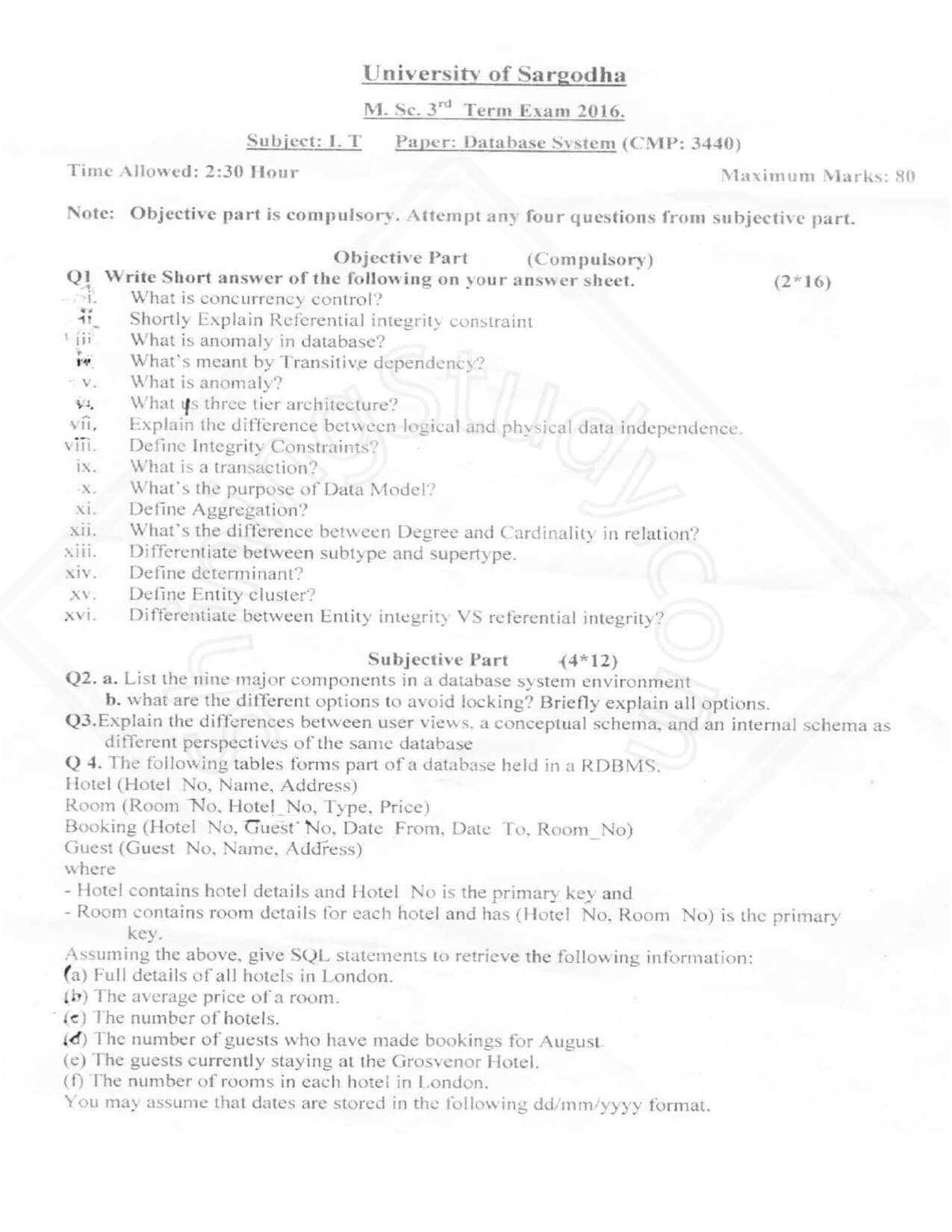 Database Systems MSc IT 3rd 2016 UOS Page1