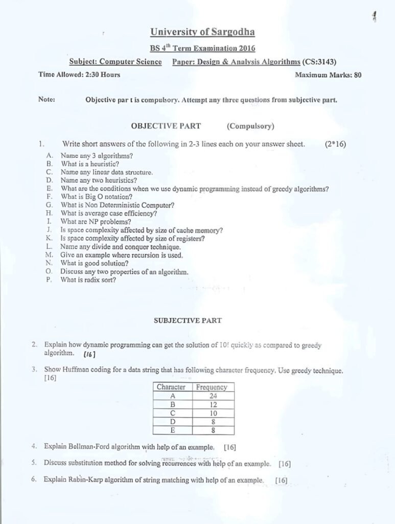 Design and Analysis Algorithm BS 4th Term 2016 UOS