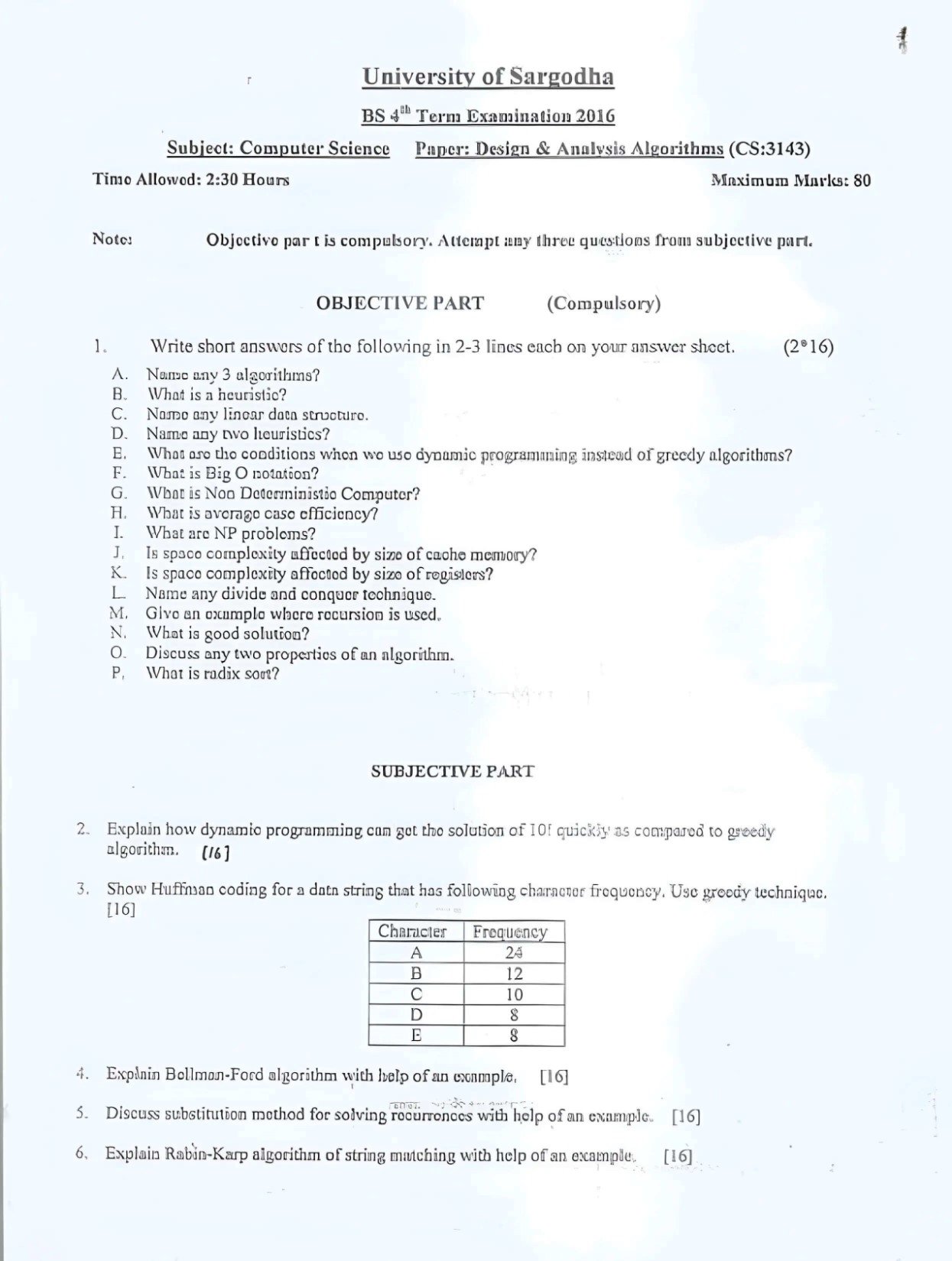 Design and Analysis of Algorithm Past Paper BS 4th Term 2016 UOS 1 Design and Analysis Algorithm BS 4th Term 2016 UOS