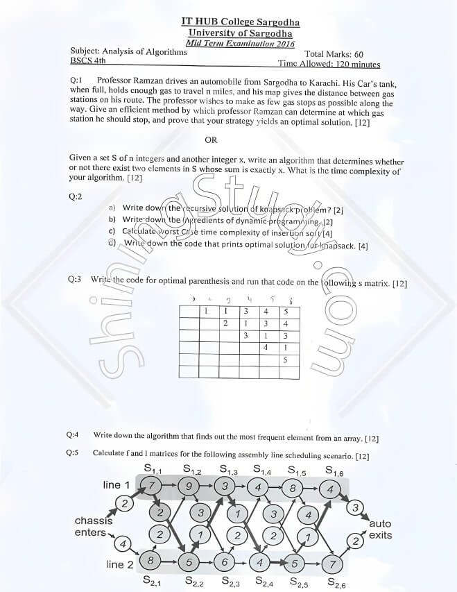 Design and Analysis Algorithm Past Paper BSCS Mid Term 2016 UOS 1 Design and Analysis Algorithm BSCS Mid Term 2016 UOS