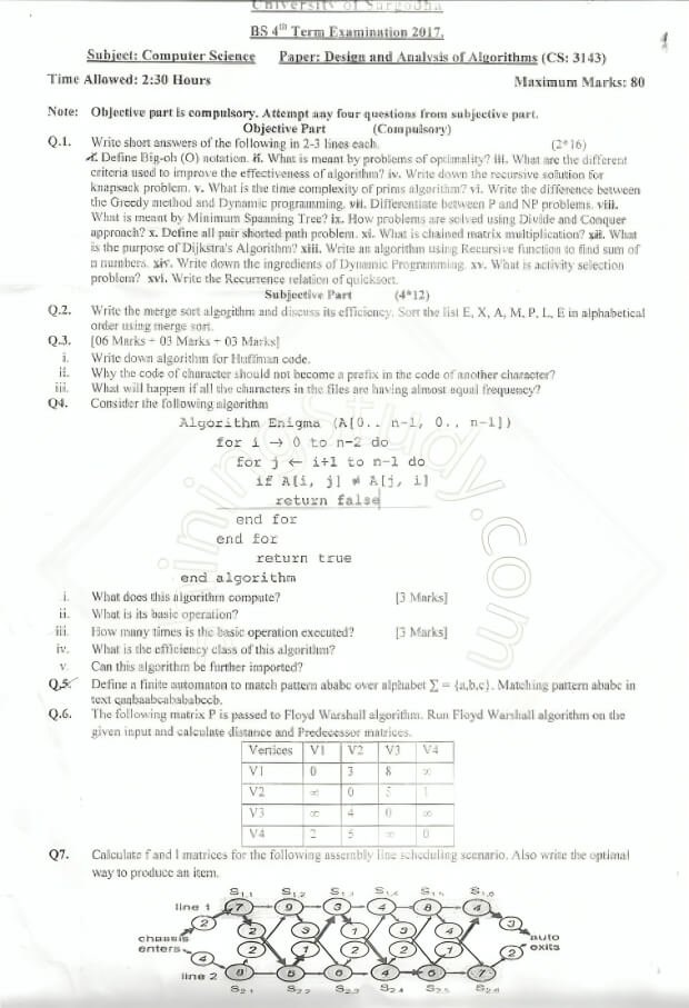 Design and Analysis of Algorithm Past Paper BS 4th Term 2017 UOS 1 Design and Analysis of Algorithm BS 4th Term 2017 UOS