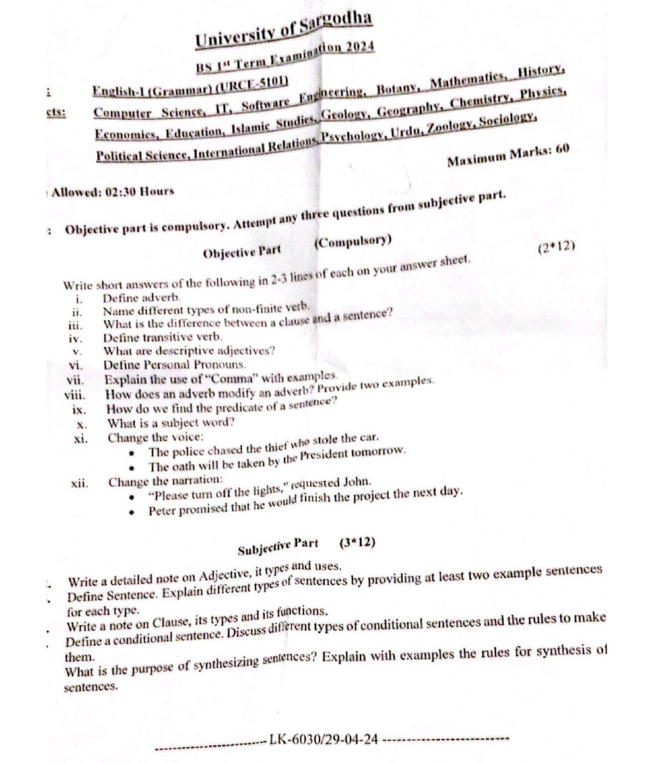 English-I (Grammar) Past Paper 2024 BS – UOS 1 English I (Grammar) Past Paper 2024 BS – University of Sargodha
