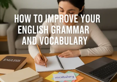 Student learning English grammar at home with books and laptop