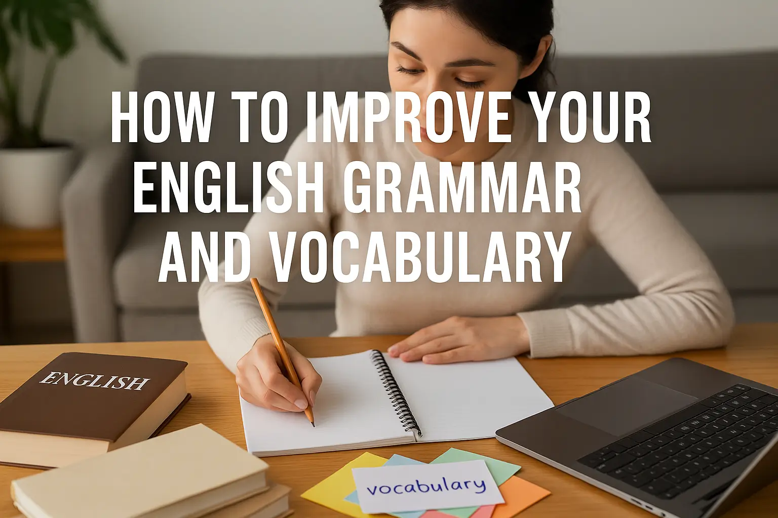 Student learning English grammar at home with books and laptop