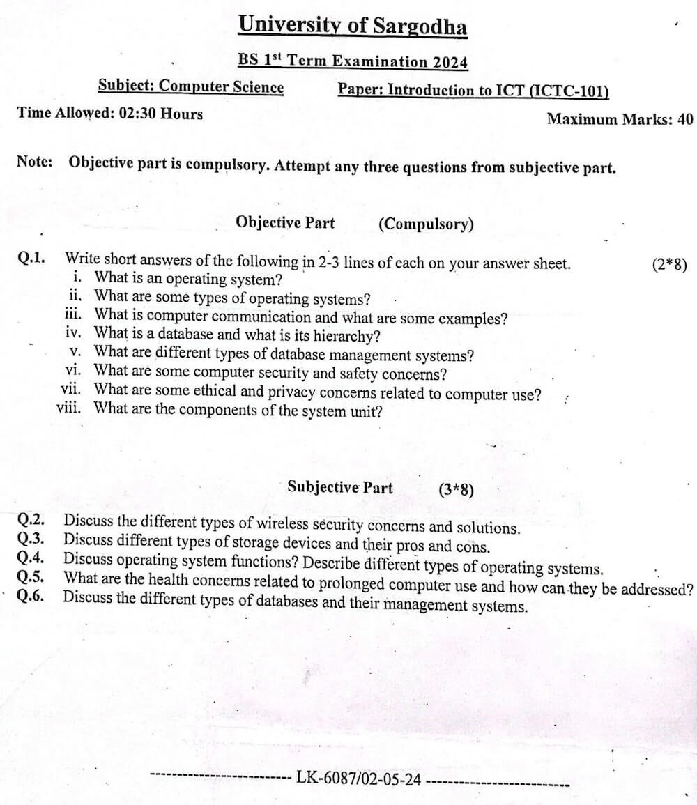 Introduction to ICT Past Paper 2024 BSCS UOS 1 Introduction to ICT Past Paper 2024 BSCS UOS