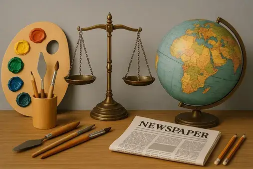 Which Stream Should You Choose After 10th Grade 5 Paint palette, legal scales, globe, newspaper, and artistic tools.