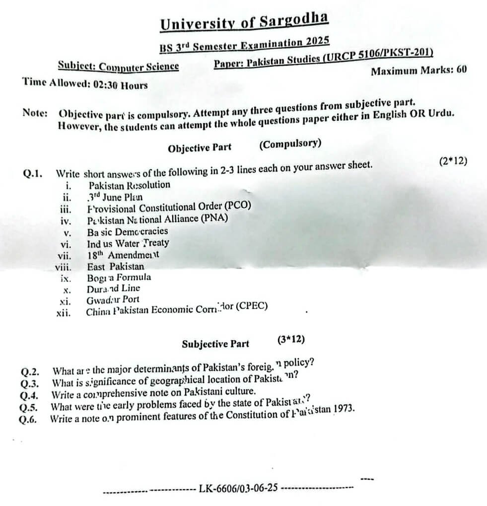Pakistan Studies Past Paper 2025 BS 3rd Semester UOS