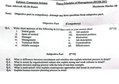 Principles of Management Past Paper 2025 BSCS UOS