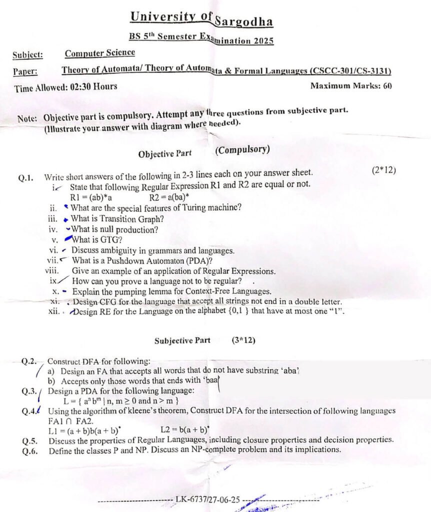 Theory of Automata & Formal Languages Past Paper 2025 BSCS UOS