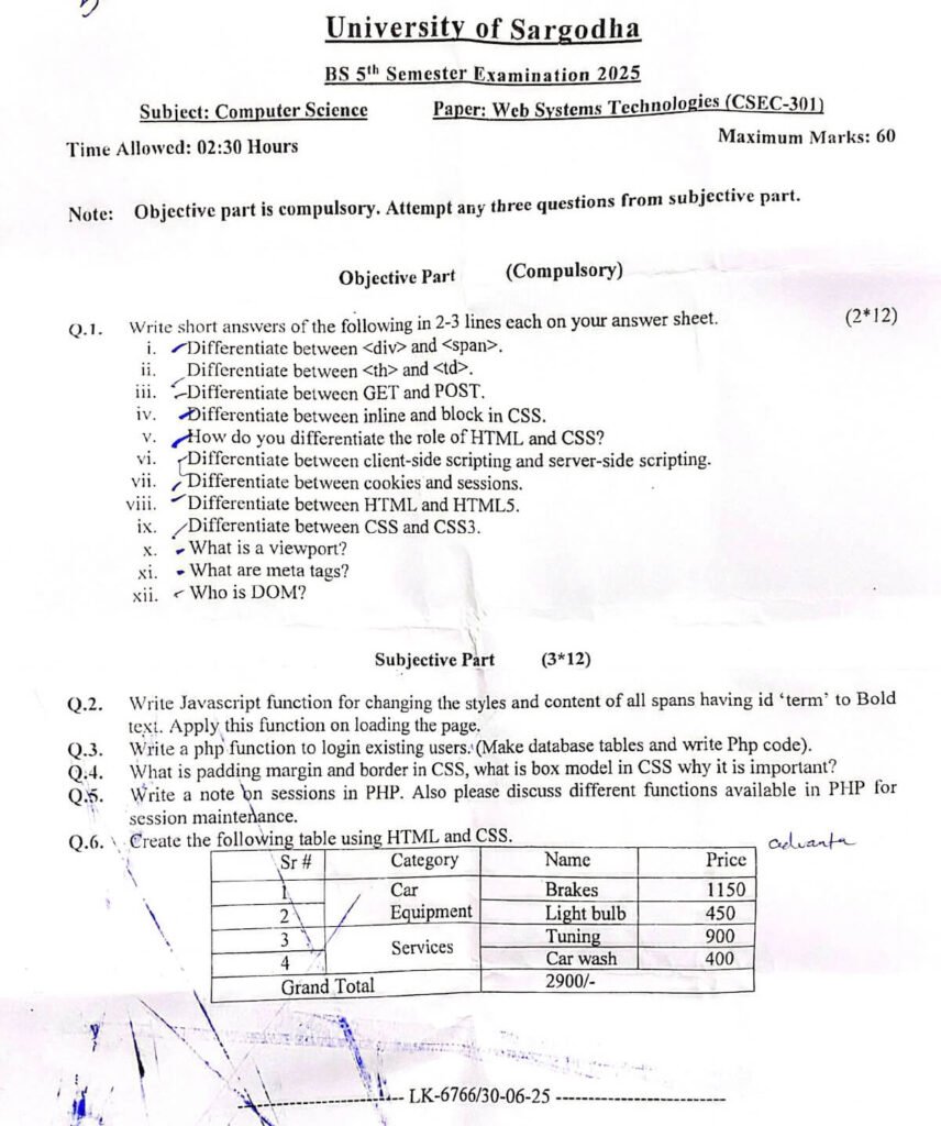 Web Systems Technologies Past Paper 2025 BSCS UOS