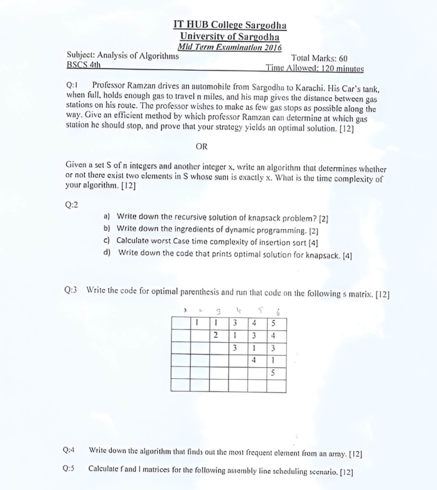 Analysis of Algorithm BSCS 4th Mid Term 2016 UOS 1
