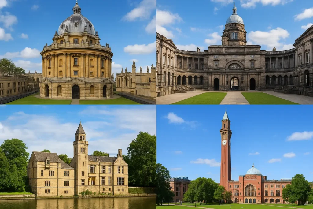 How to Apply to Universities in the UK – Complete Guide for 2025 2 Collage of famous UK universities like Oxford, Edinburgh, Birmingham.