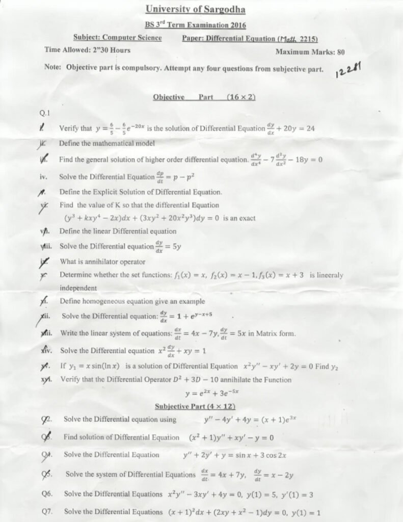 Differential Equation BSCS 3rd TERM Past Paper 2016 UOS