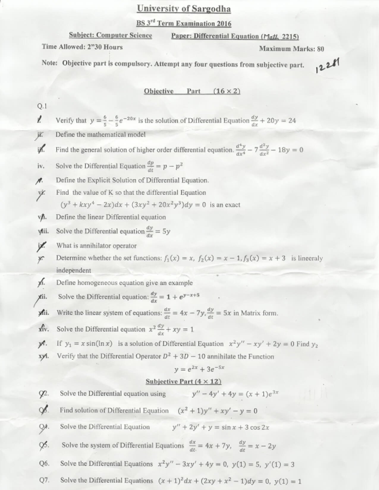 Differential Equation BSCS 3rd TERM Past Paper 2016 UOS 1 Differential Equation BSCS 3rd TERM Past Paper 2016 UOS