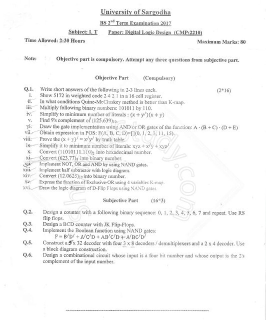 Digital Logic Design BS IT 2nd Term Past paper 2016 UOS
