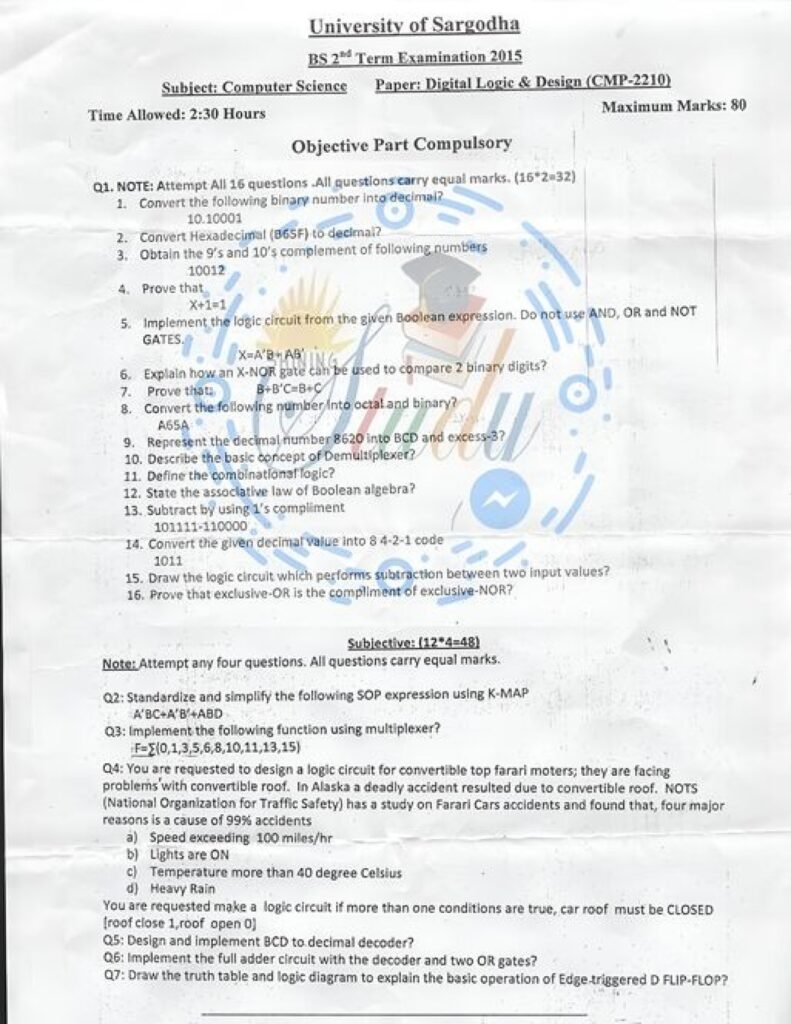 Digital Logic Design BSCS 2nd Term Past paper 2015 UOS