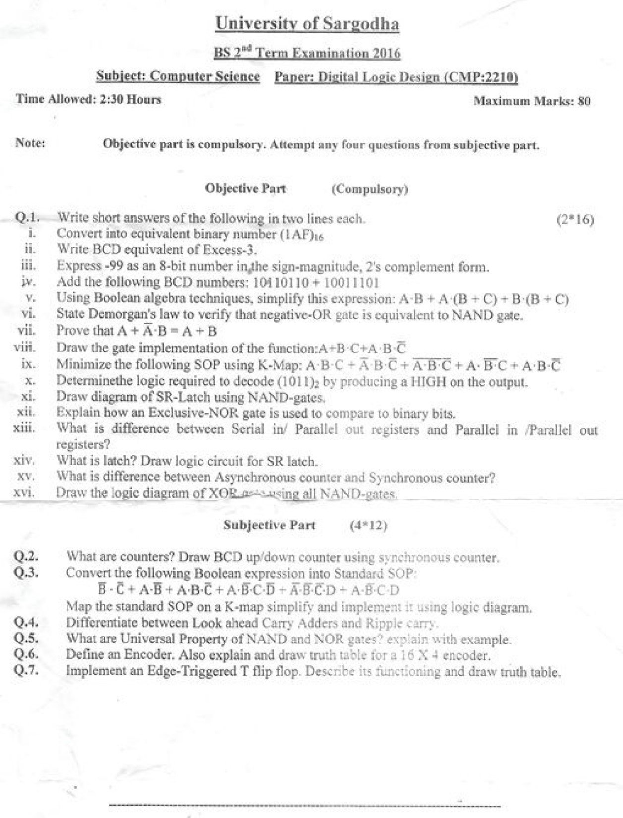 Digital Logic Design BSCS 2nd Term Past paper 2016 UOS
