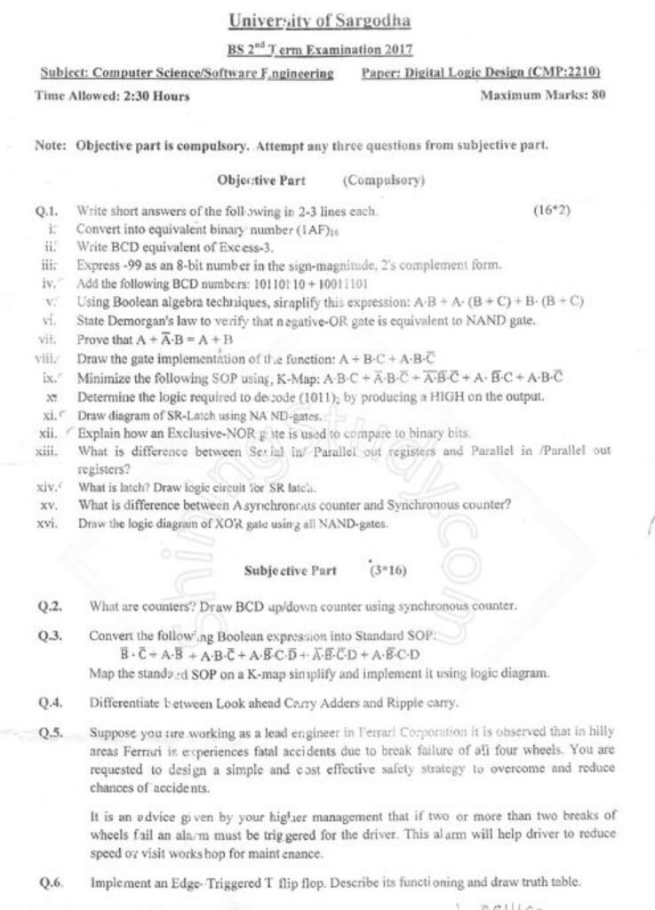 Digital Logic Design BSCS or SE 2nd Term Past paper 2017 UOS