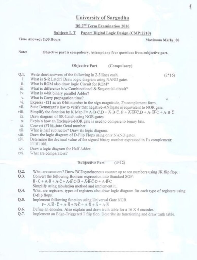 Digital Logic Design BSIT 2nd Term Past paper 2016 UOS