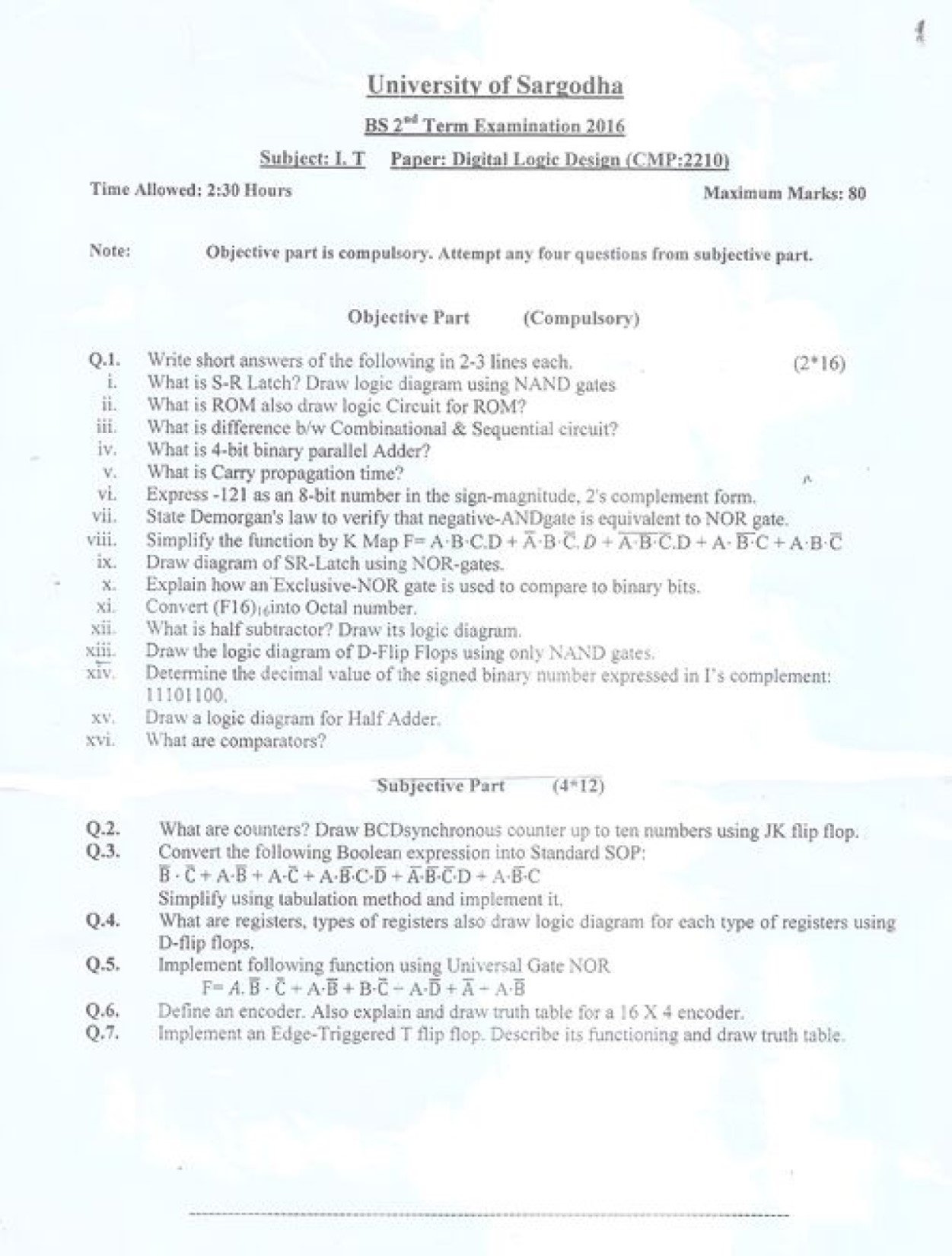 Digital Logic Design BSIT 2nd Term Past paper 2016 UOS 1 Digital Logic Design BSIT 2nd Term Past paper 2016 UOS