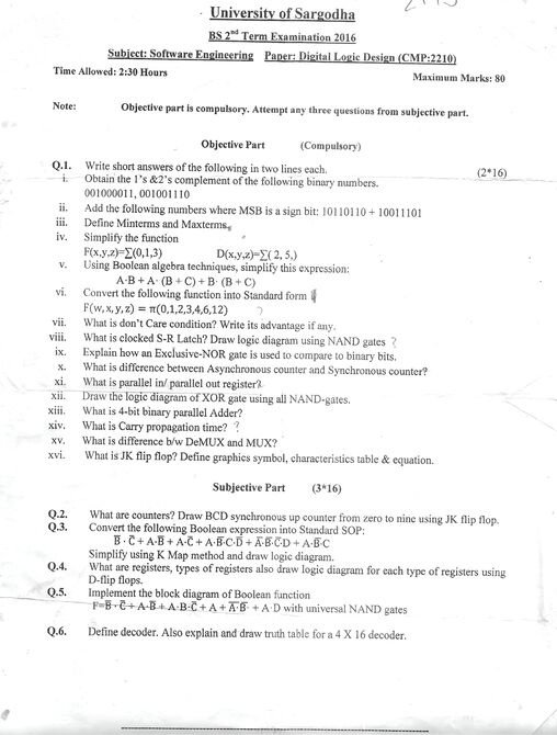 Digital Logic Design BSSE 2nd Term Past paper 2016 UOS