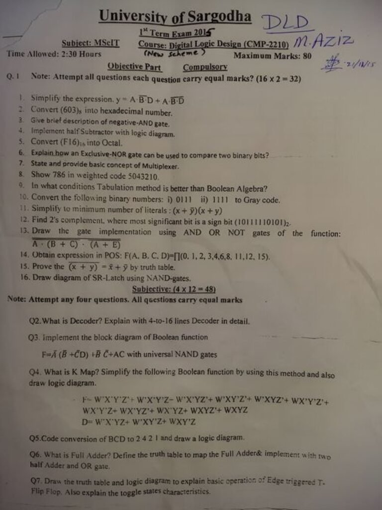 Digital Logic Design MSc IT 1st Term Past paper 2015 UOS