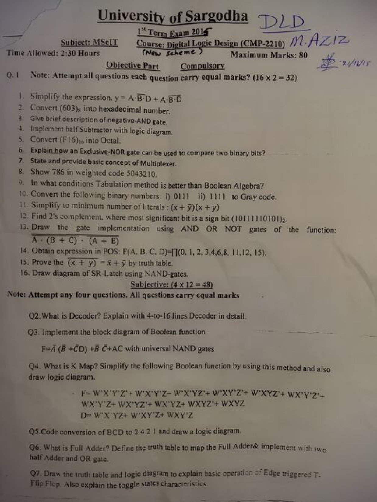 Digital Logic Design MSc IT 1st Term Past paper 2015 UOS 1 Digital Logic Design MSc IT 1st Term Past paper 2015 UOS