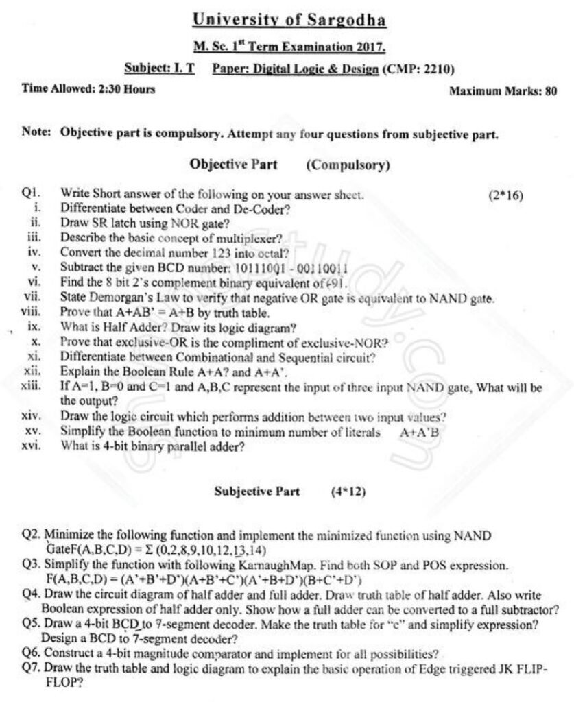 Digital Logic Design MSc IT 1st Term Past paper 2017 UOS