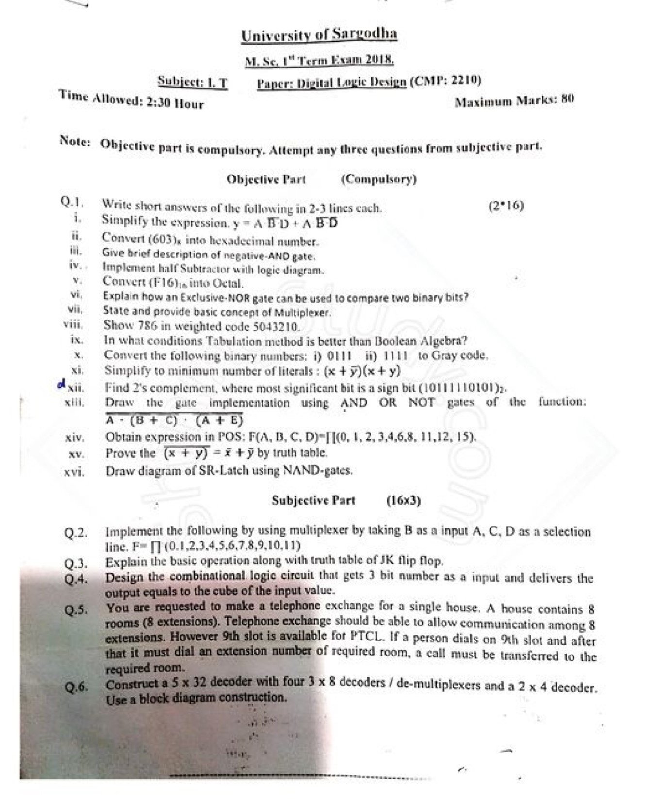 Digital Logic Design MSc IT 1st Term Past paper 2018 UOS 1 Digital Logic Design MSc IT 1st Term Past paper 2018 UOS