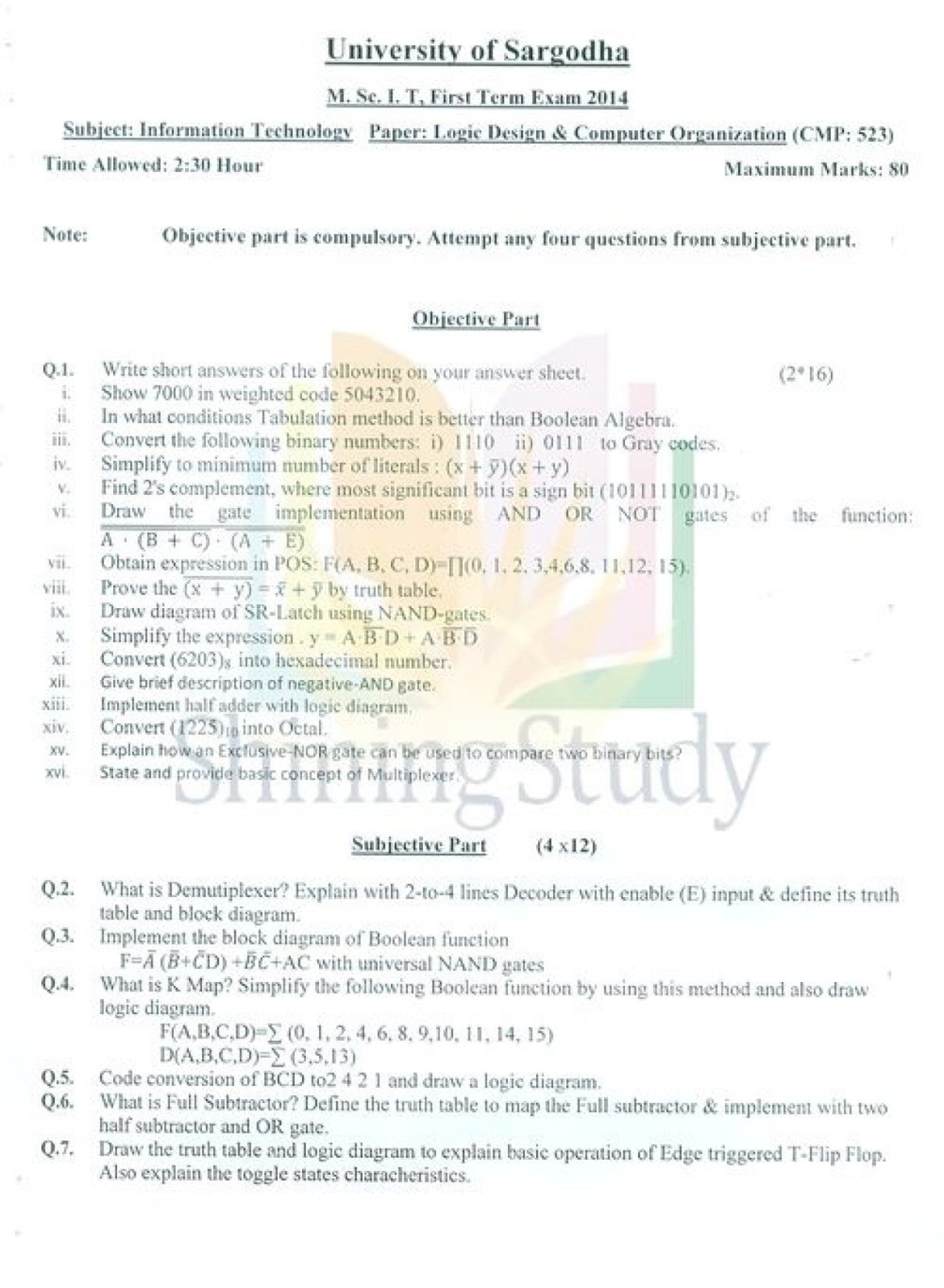 Digital Logic Design MScIT 1st Term Past paper 2014 UOS 1 Digital Logic Design MScIT 1st Term Past paper 2014 UOS