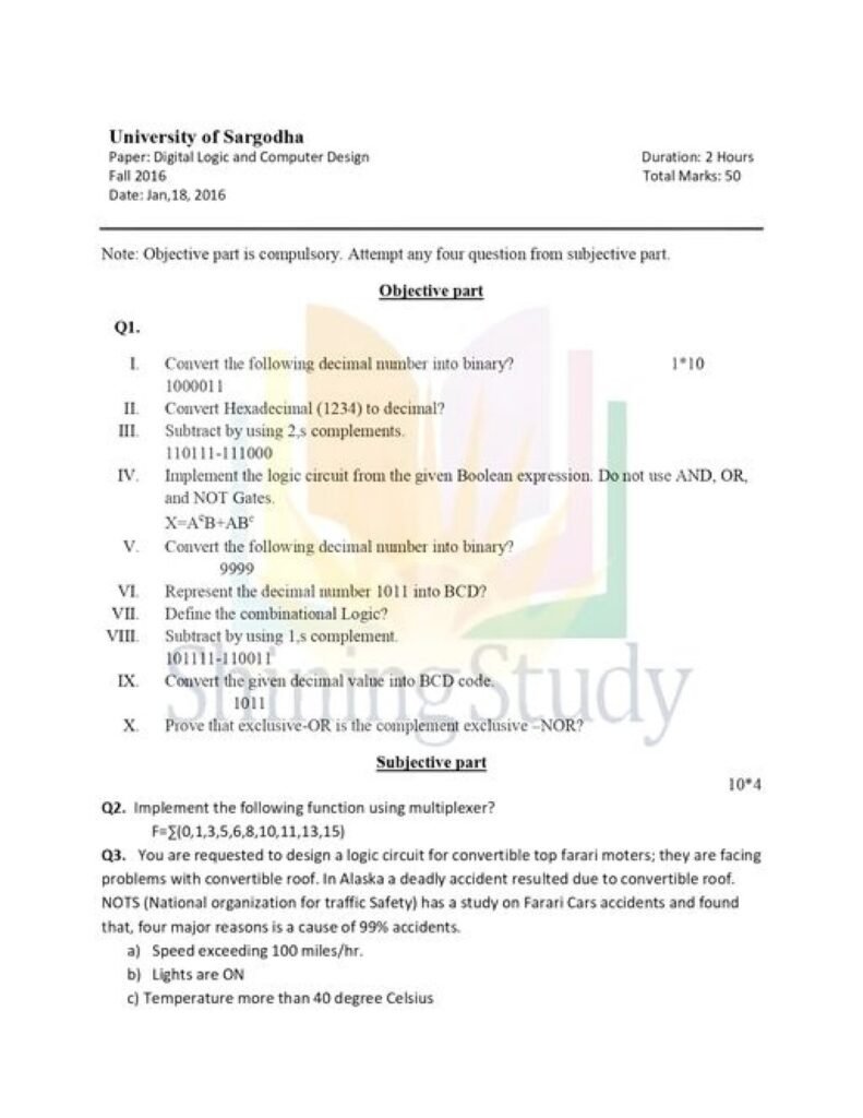 Digital Logic Design Past paper 2016 FALL UOS