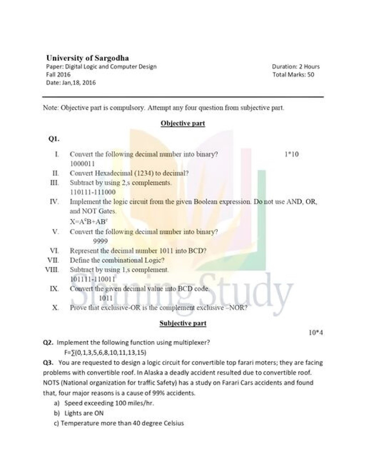 Digital Logic Design Past paper 2016 FALL UOS 1 Digital Logic Design Past paper 2016 FALL UOS